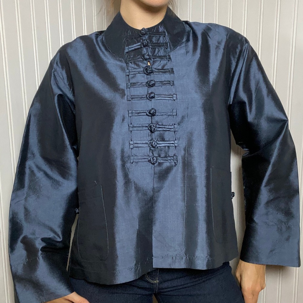 Vintage Japanese Hand Stitched Blue Satin Jacket Elevated Chic Frog Closures - L